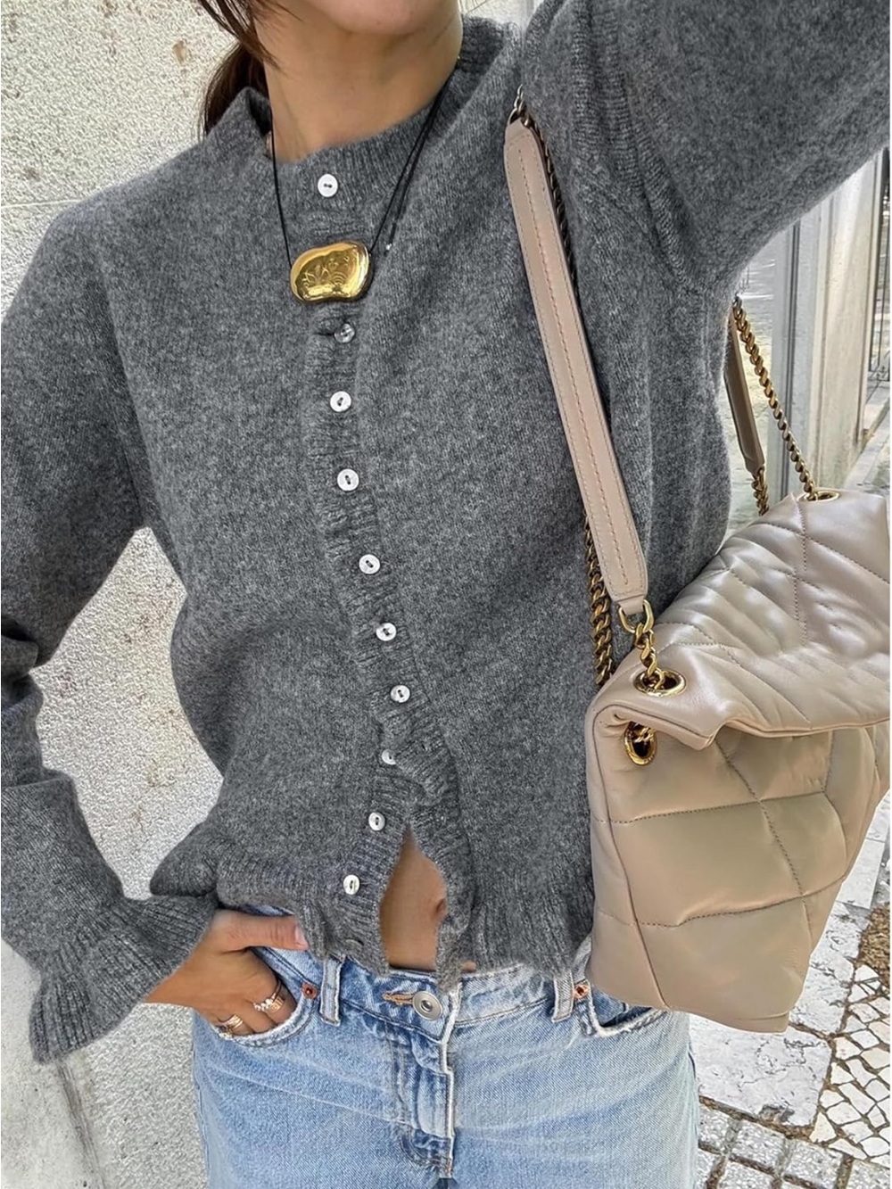 Soft Ruffle-Edge Gray Women's Cardigan Sweater